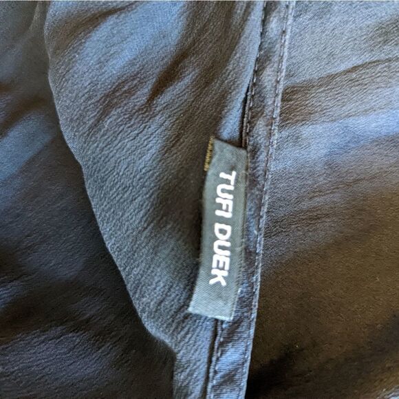 Tufi duek silk slip dress open back sz m euc black tan and yellow - Picture 2 of 5